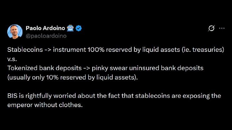 Tether CEO Slams BIS Over Tokenized Bank Deposit Push